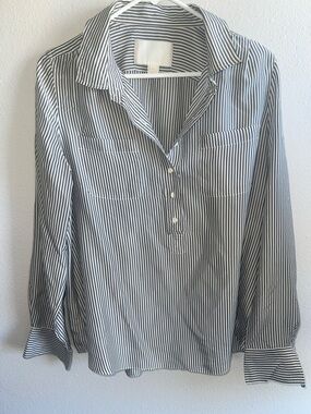 J. Crew Collection Striped Button Pullover Blouse - Gray & White Stripes
